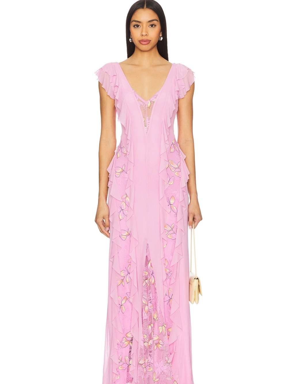 AFRM Pink Ruffle-Trim Floral Embroidered V-Neck Maxi Dress